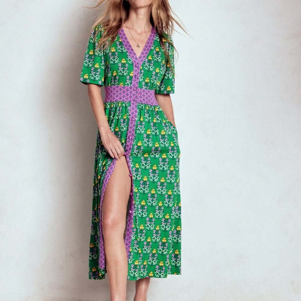 NWT Boden Natalia Jersey Tea Dress in Green Print Women's 10 R